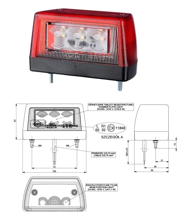 Osvětlení SPZ boční 12V/24V 6xLED, červené, kabel 0,5m