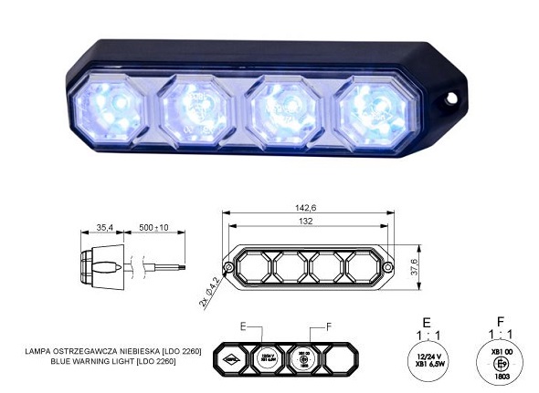 Svítilna výstražná 12V/24V 6,5W/4xLED modrá, kabel 0,5m