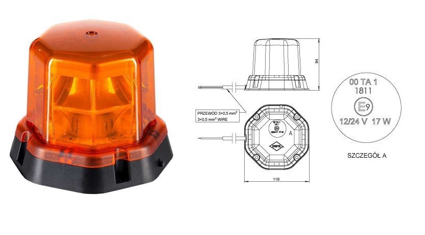 Maják výstražný jednozáblesk 12V/24V LED oranžový, pevná montáž, kabel 1,5m