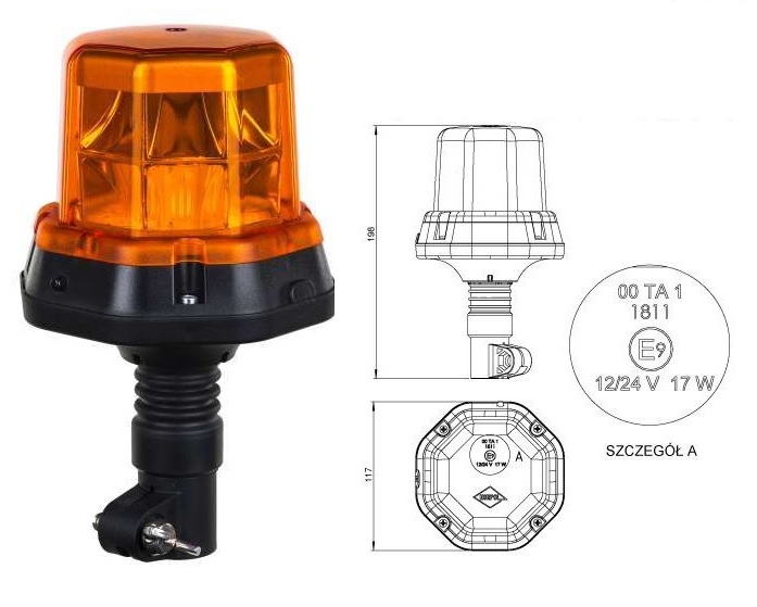 Maják výstražný LDO 2276 12V/24V/17W 48xLED oranžový, montáž na trubku