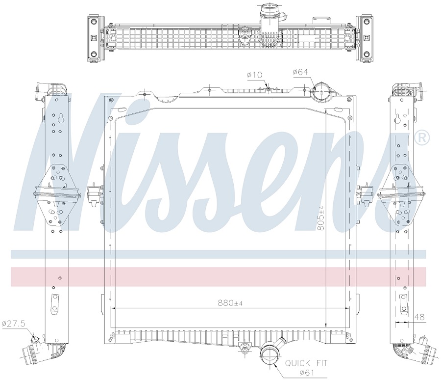 Chladič vody 888x805x52 s rámem RVI C/K/T  D11C/K/ D13C/K Euro 6 od 2013