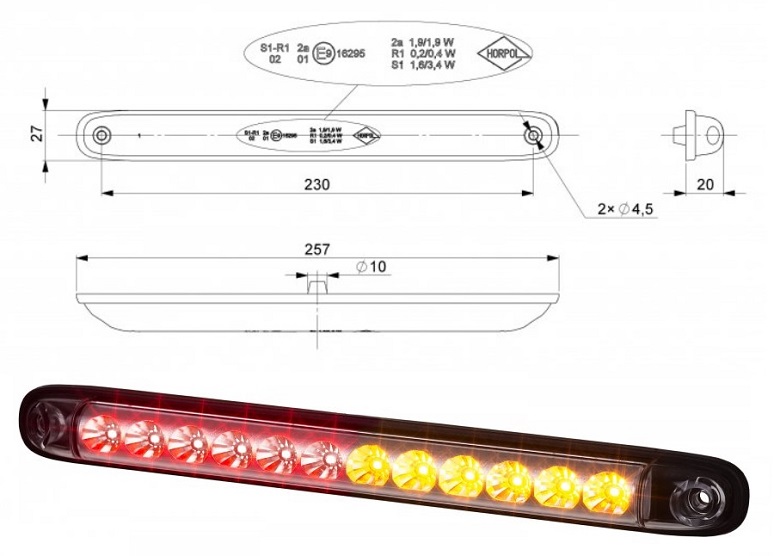 Svítilna zadní 3-dílná 12V/24V 12xLED /stop, směrovka, poziční/, kabel 1,0m