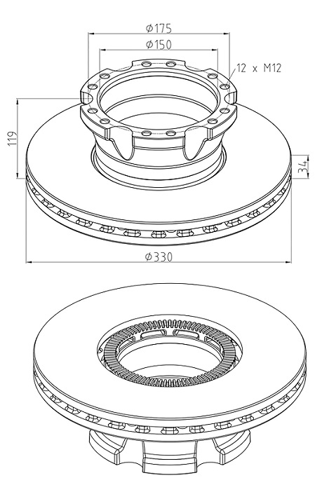 Kotouč brzdový 330x34x119 s kroužkem ABS ZN DAF 45LF
