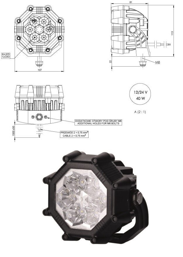 Světlomet pracovní 12V/24V 6xLED 32W/ 3000 lm, kabel 1,5m
