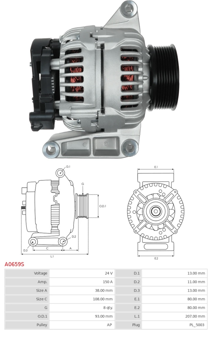 Alternátor 24V/150A s řemenicí MERCEDES Actros MP4/ Antos/ Arocs Euro 6