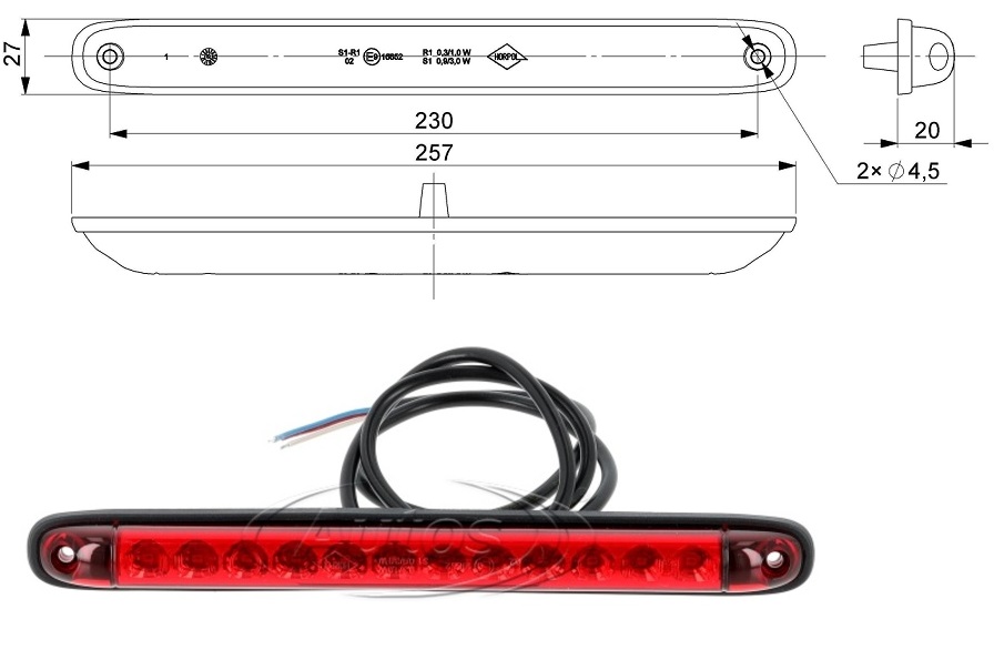 Svítilna zadní brzdová 12V/24V 12xLED kabel 1m