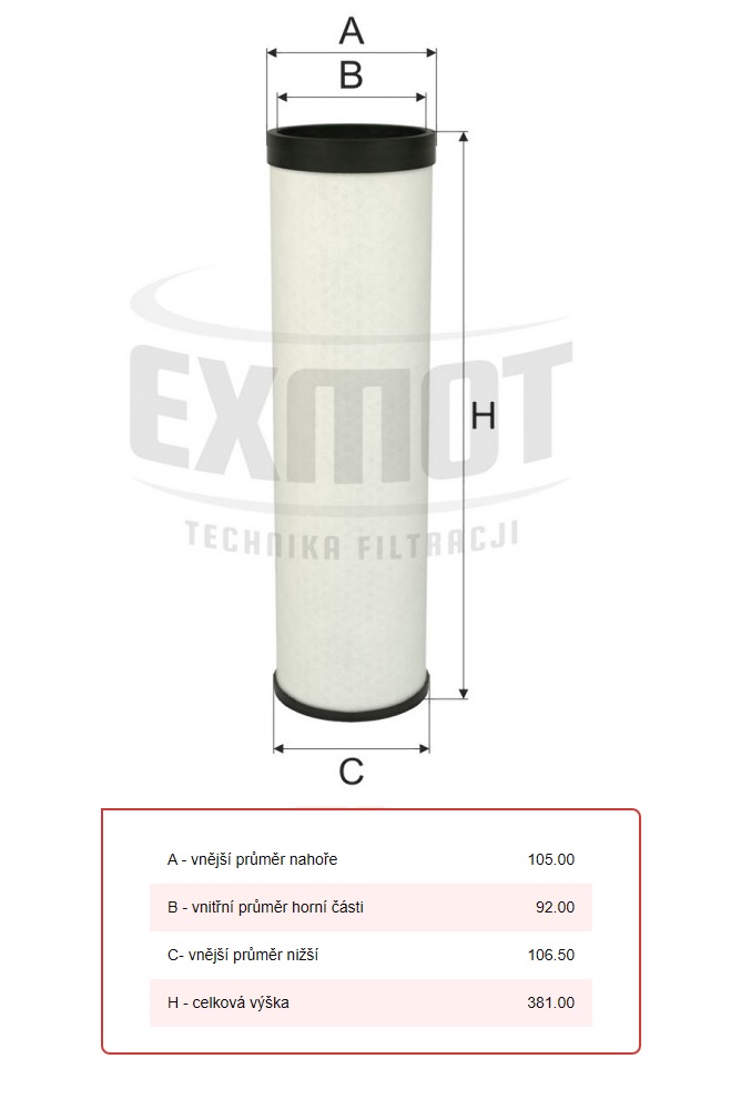 Filtr vzduchu sekundární WPO-689 JCB, CAT, ABG, AGCO, ATLAS, DEUTZ, GROVE, LIEBHERR
