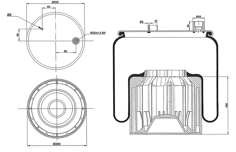 Vlnovec pérování kompletní - plastový zvon L/P MERCEDES Actros MP4, Antos, Arocs