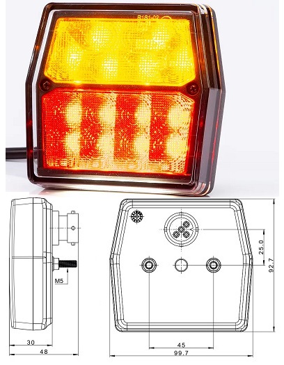 Svítilna zadní 3-dílná 12V/15V LED /poziční,stop,směrové/, kabel 1m