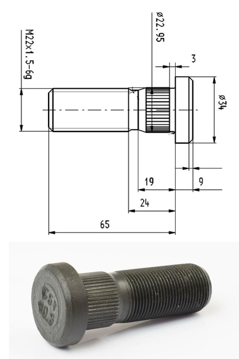 Šroub kolový M22x1,5x36/63 MAN TGA, TGM, TGS, TGX
