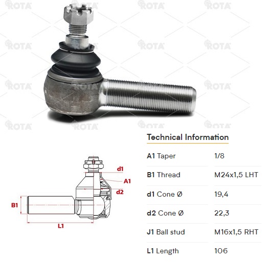 Hlava tyče řízení M24x1,5/106mm L CASE 580B 580C 580D 580SE 584D 584E 585D 585E 586D 586E