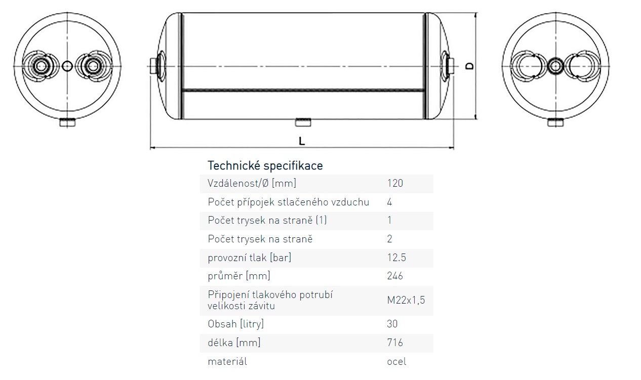Vzduchojem 30 l / 716x246 12,5bar  4-vývody MAN L2000