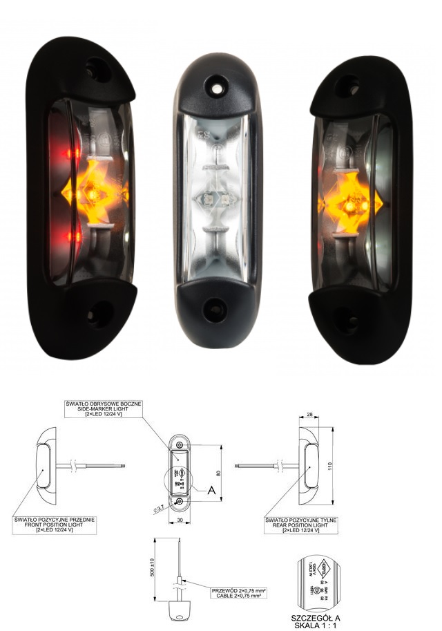 Svítilna poziční 12V/24V 1,0/2,2W 6xLED č/b/o, kabel 0,5 m