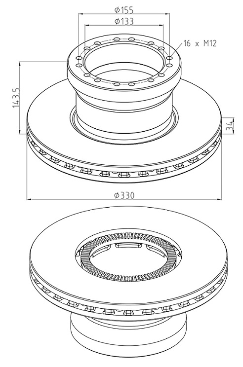 Kotouč brzdový 330x34x143,5 s kroužkem ABS PN DAF LF od 2001