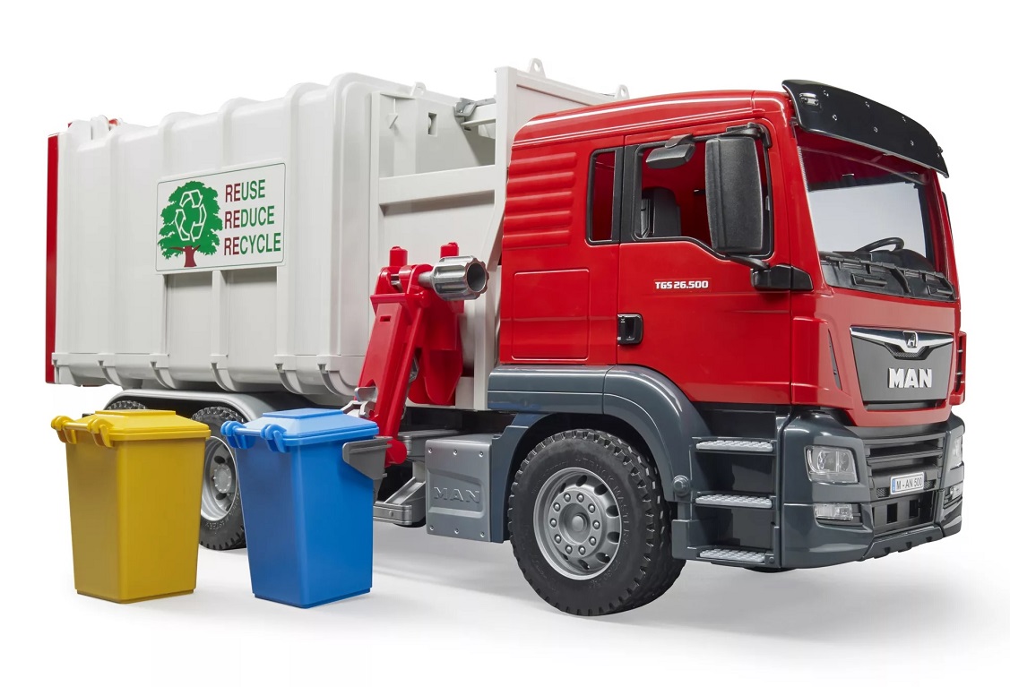 Model popelářského vozidla MAN TGS s plastovými popelnicemi, 1:16 plast