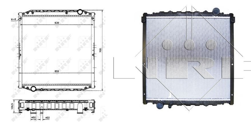 Chladič vody 590x610x48 s rámem MAN L2000 od 1993