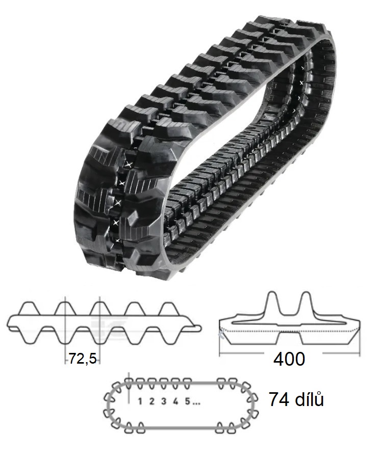 Pás gumový minibagru JCB 48Z-1, BOBCAT 337 341,HITACHI EX58, KUBOTA RX501, TAKEUCHI, VOLVO