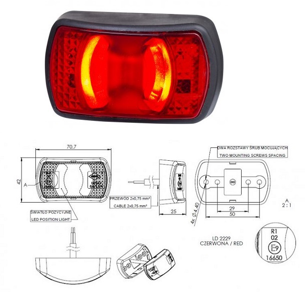 Svítilna poziční 12V/24V 4xLED 0,6W/1,2W  červená, kabel 0,5m