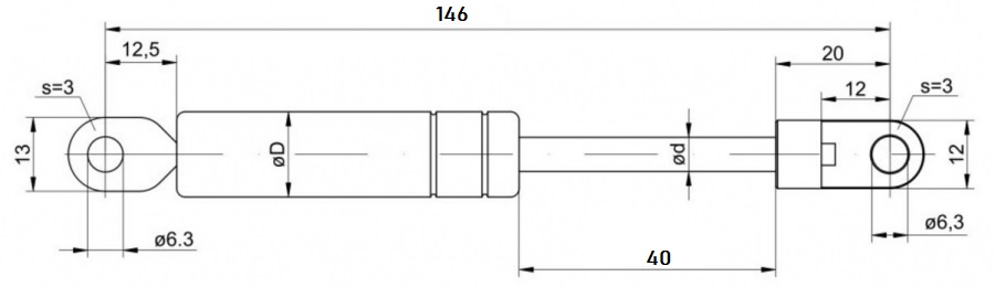 Vzpěra plynová víka motoru 100N/146mm zdvih 40mm VAN HOOL
