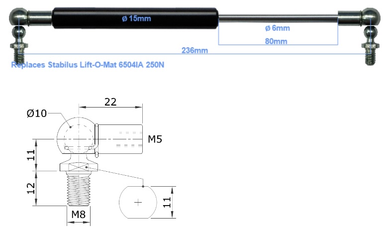 Vzpěra plynová 250N/ 237mm, zdvih 80mm RVI Premium, Magnum, Kerax