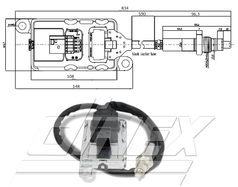 Snímač výfukových plynů NOx 833/590mm za katalyzátor DAF LF/ XF106 Euro 6