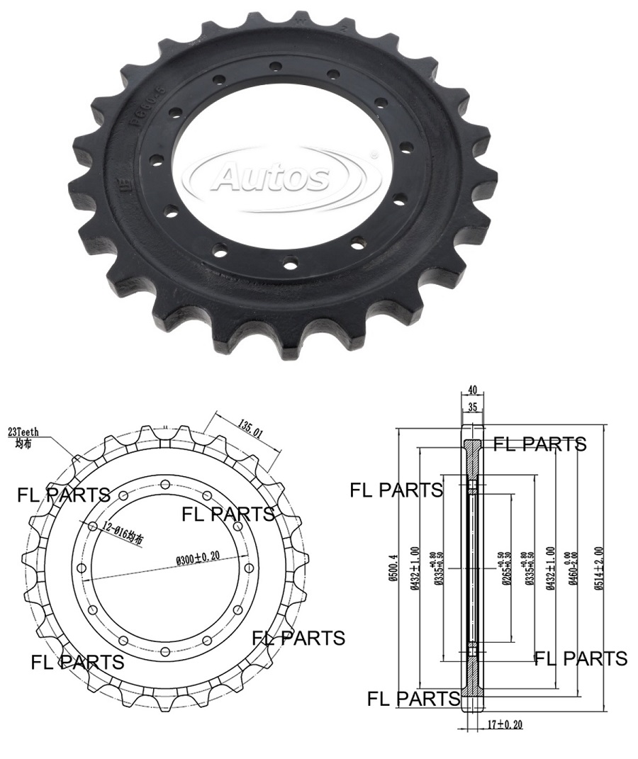 Kolo ozubené napínače pásu pr.514/265mm 23z CAT 307 307B 308B, KUBOTA KX251