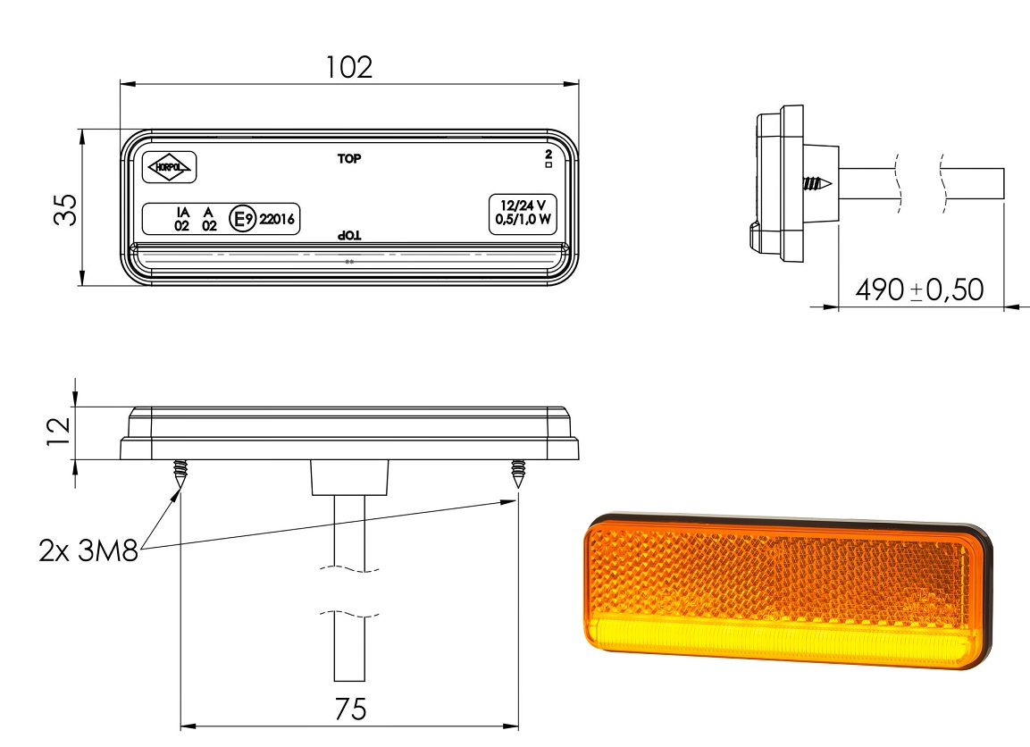Svítilna poziční 12V/24V 0,9/1,9W SLIM XS LED oranžová s odrazkou, kabel 0,5m