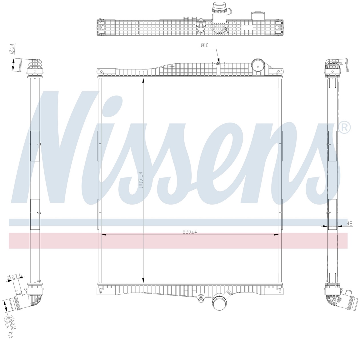 Chladič vody 1015x880x52 bez rámu VOLVO FH od 2013, RVI C/K/T Euro 6 od 2014