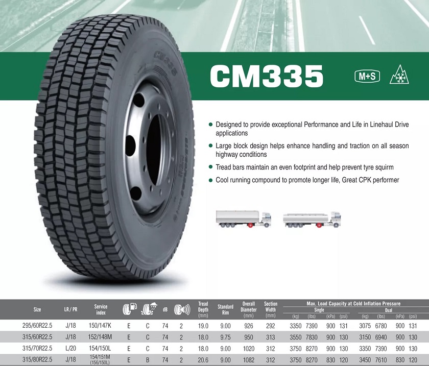 Pneumatika nákladní 315/60 R22,5"  CM335 152/148M 18PR M+S 3PMSF / záběrová