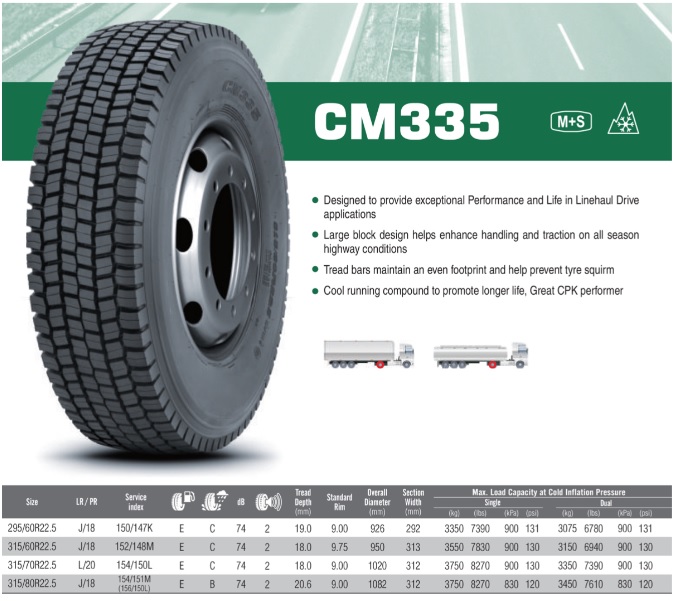 Pneumatika nákladní 315/80 R22,5" CM335 154/151M M+S 3PMFS TL / záběrová