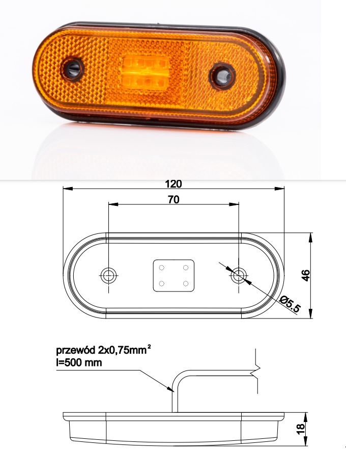 Svítilna poziční 12V/24V 120x45 4xLED oranžová, kabel 0,5m 