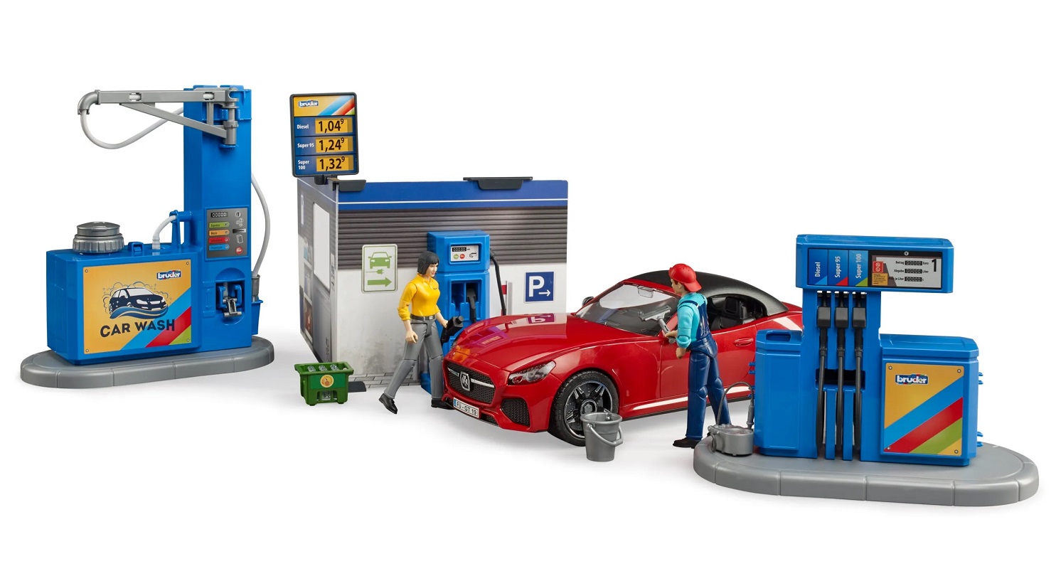 Model čerpací stanice s osobním vozidlem a obsluhou. 1:16 plast