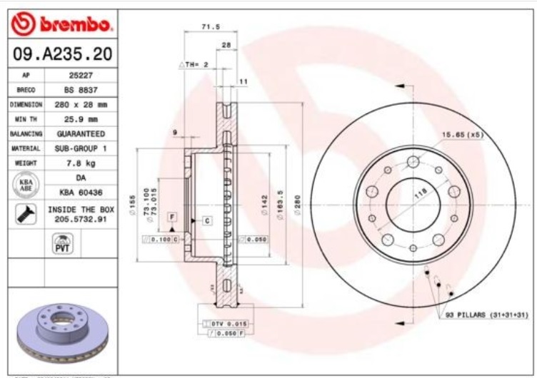 Kotouč brzdový 280x28x72 PN L/P CITROEN Jumpwer, FIAT Ducato, PEUGEOT Boxer
