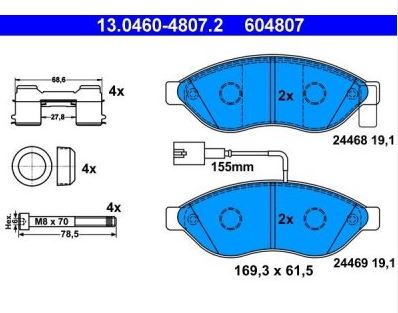 Deska brzdová 24469 Ate 169,3x61,5x19,1 PN CITROEN Jumper II, FIAT Ducato III, PEUGEOT
