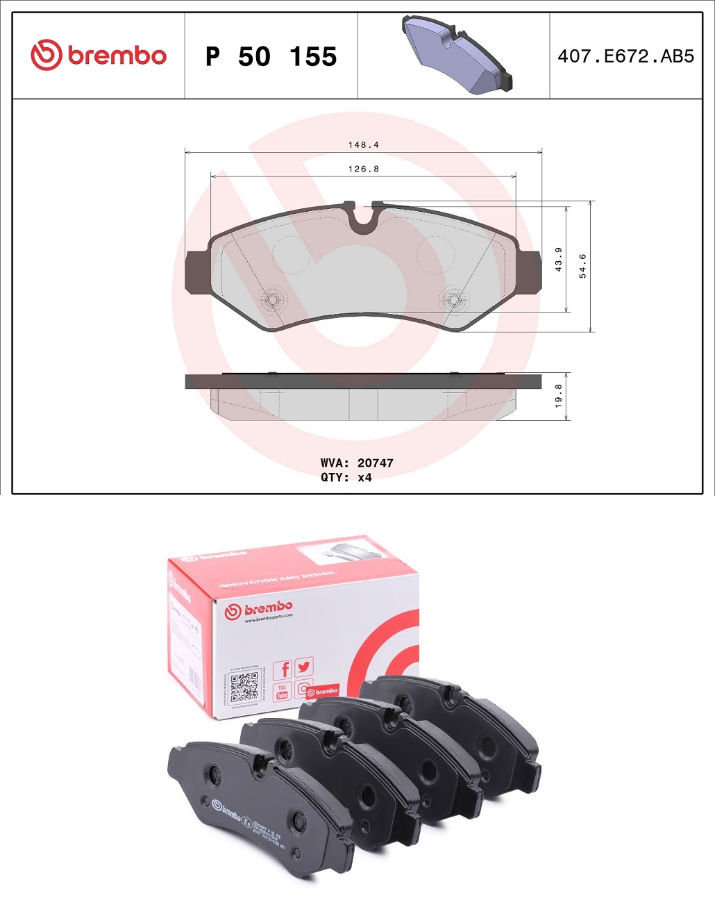 Deska brzdová 20747 Brembo 149x56x20 ZN MERCEDES Sprinter 3/4/5t od 02.2018