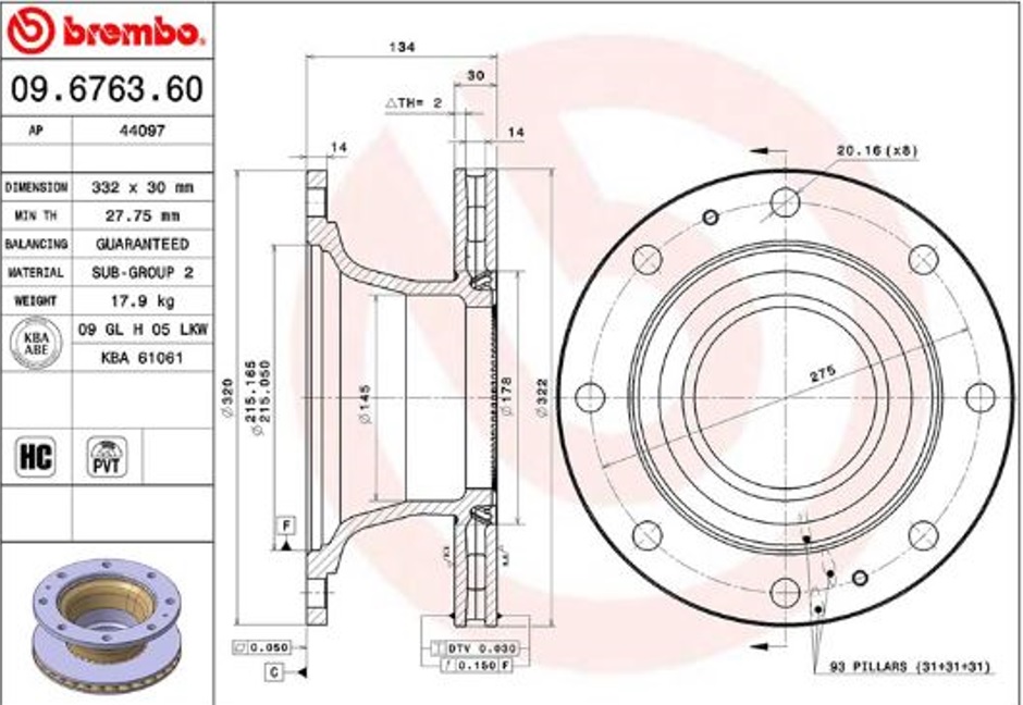 Kotouč brzdový 322x28x134 s kroužkem ABS ZN IVECO E.Cargo I/II/III od 01.1992 do 09.2015
