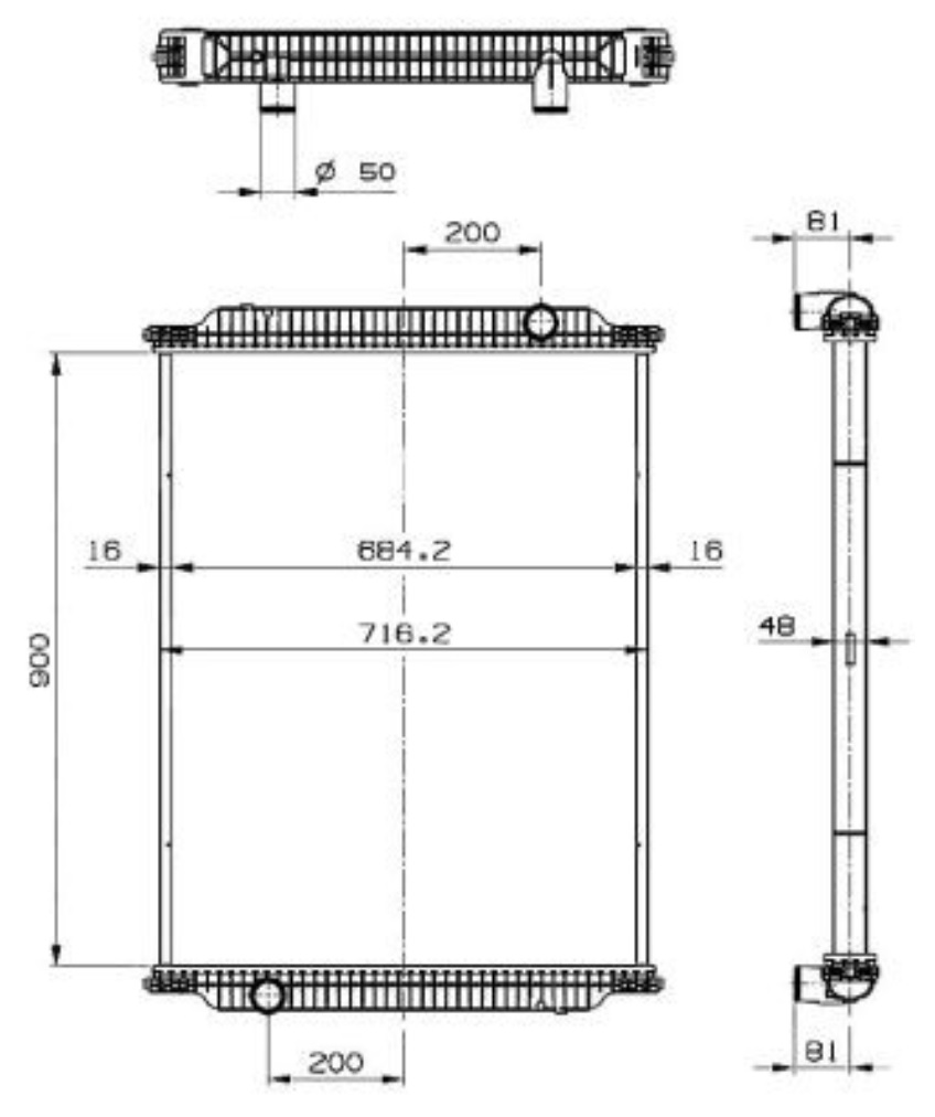 Chladič vody 900x716x48 bez rámu BOVA Futura PR228/265/ XE250/280, IRISBUS Recreo F2BE0682