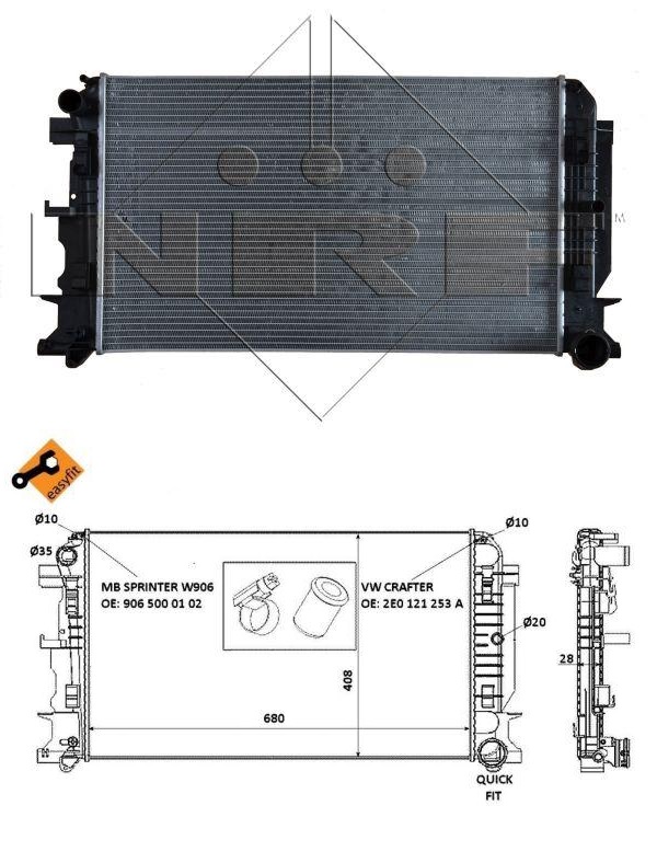 Chladič vody 677x415x28 MERCEDES Sprinter 2.2D od 2006, VW Crafter od 04.2006