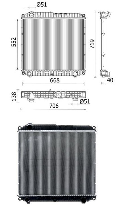 Chladič vody 552x668x40 bez rámu MERCEDES Atego 3 OM934/936 Euro 6 od 04.2013