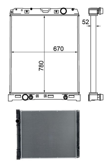 Chladič vody 780x670x52 bez rámu MERCEDES Atego do 10.2004, Axor 2 od 10.2004
