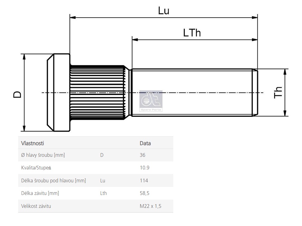Šroub kolový M22x1,5x124/114 RVI Premium II TR/PR/ DXi7, Kerax DXi11/13, Magnum DXi12/13