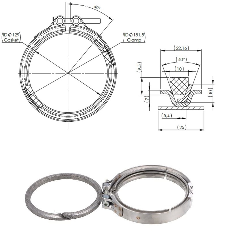 Objímka trubky výfuku s těsněním pr.129/151x22,16 - sada MERCEDES Actros MP4/MP5 Euro 6