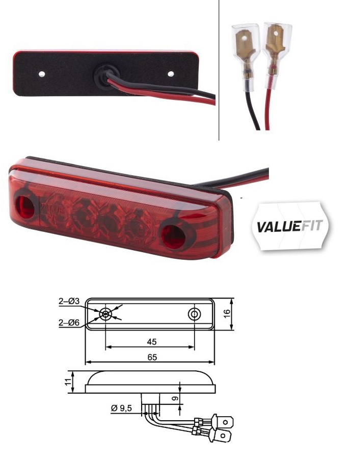 Svítilna poziční 24V LED červená VALUEFIT, kabel 0,15m