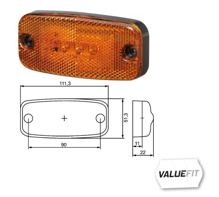 Svítilna poziční boční VALUEFIT 9V/36V 111x51x22 LED oranžová, bez držáku, kabel 0,5m