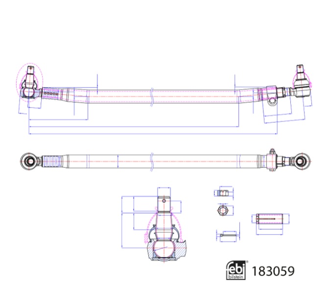 Tyč řízení spojovací 1665mm PN RVI C,K,T, VOLVO FH/FM, FH16, FM II, FMX II, FH16 II