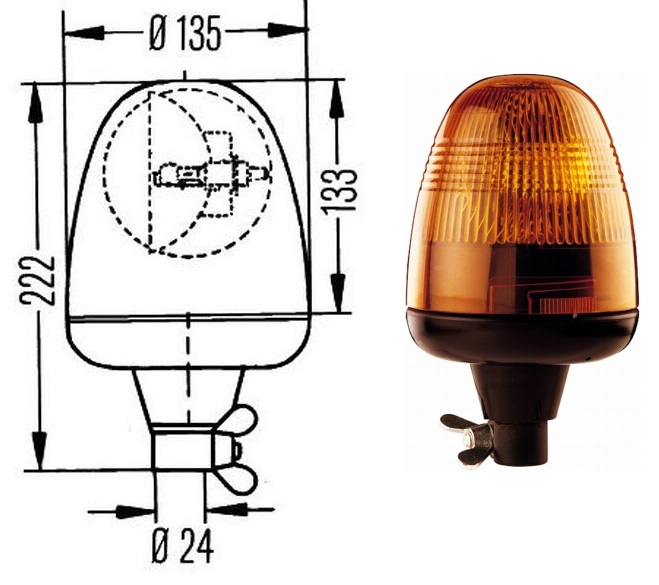 Maják výstražný rotační 12V/24V R65 H1 oranžový na trubku bez kloubu