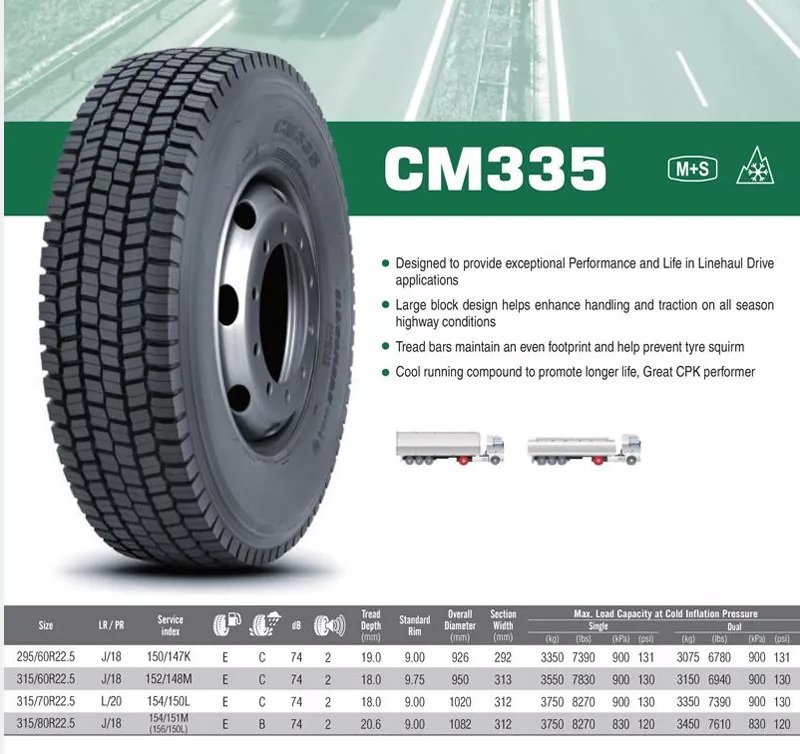 Pneumatika nákladní 295/80 R22,5"  CM335  152/149M  18PR M+S 3PMSF TL / záběrová