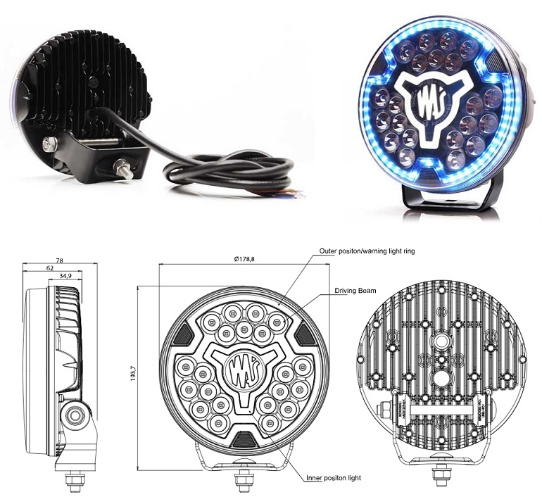 Světlomet dálkový - soustředěný kužel s nouzovým světlem 12V/24V 21xLED /9000 lm, kabel 3m