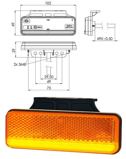 Svíétilna poziční 12V/24V Slim XS LED 1,9W oranžová, s držákem, kabel 0,5m