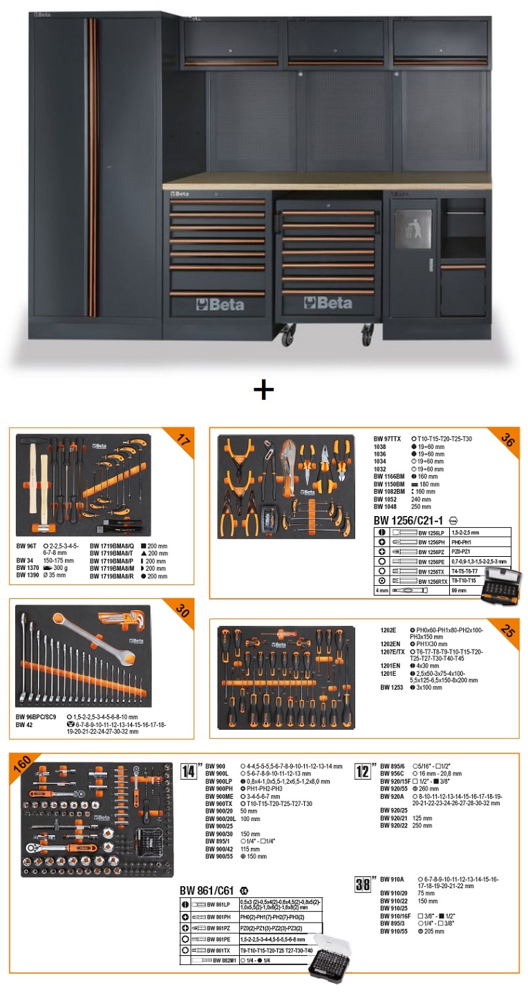 Nábytek dílenský - sestava C45PRO W/268UT s dřevěnou deskou a vozíkem s nářadím BW5945